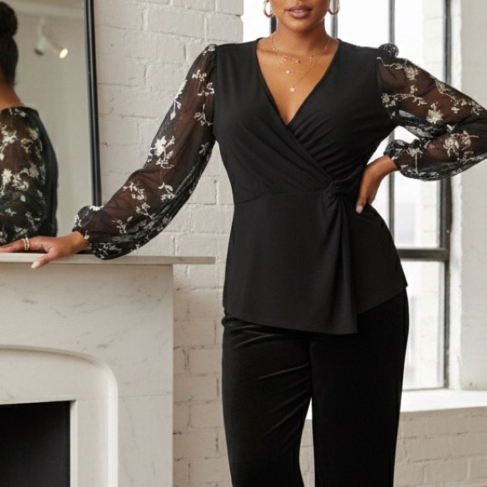 Embroidered‎ Floral Mesh Sleeve Perception Concept Black Wrap Top Size Medium M